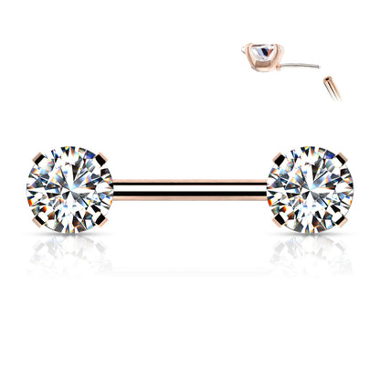 Clear Round Gems Threadless Rose Gold Nipple Bar 14g