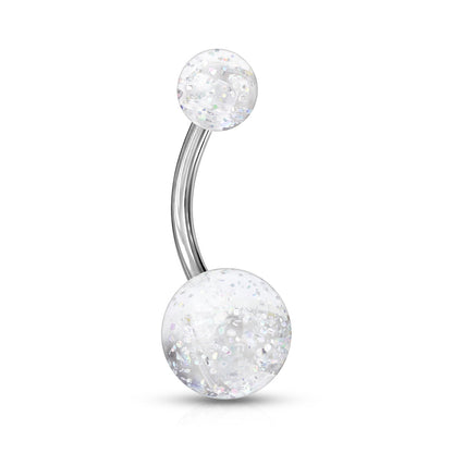 Clear Ultra Glitter Steel Belly Button Bar 14g