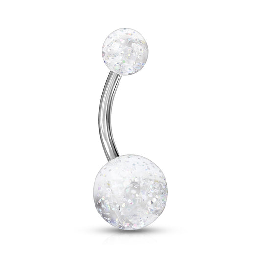 Clear Ultra Glitter Steel Belly Button Bar 14g