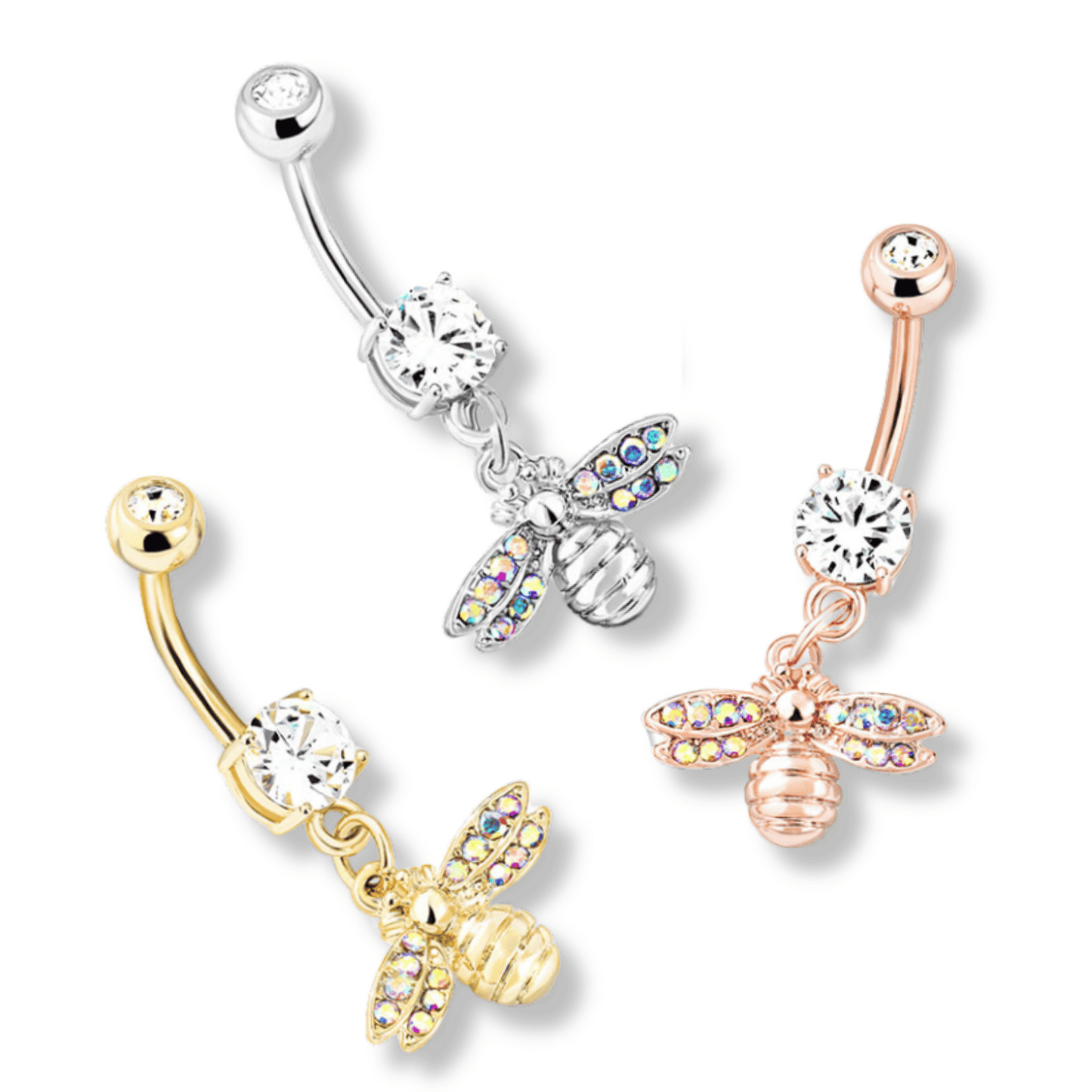 Silver Bee AB Crystal Wings Dangle Belly Button Bar 14g