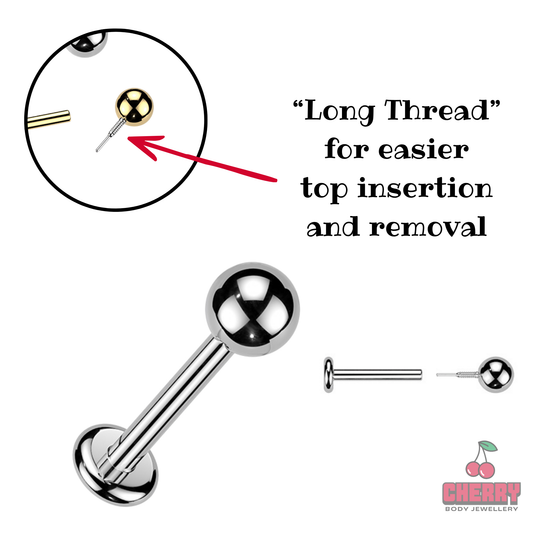Titanium Silver Ball Long Thread Flat Back Stud 20g