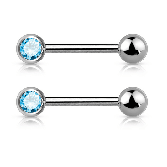 PAIR Front Facing Single Aqua Blue Gem Straight Nipple Bars