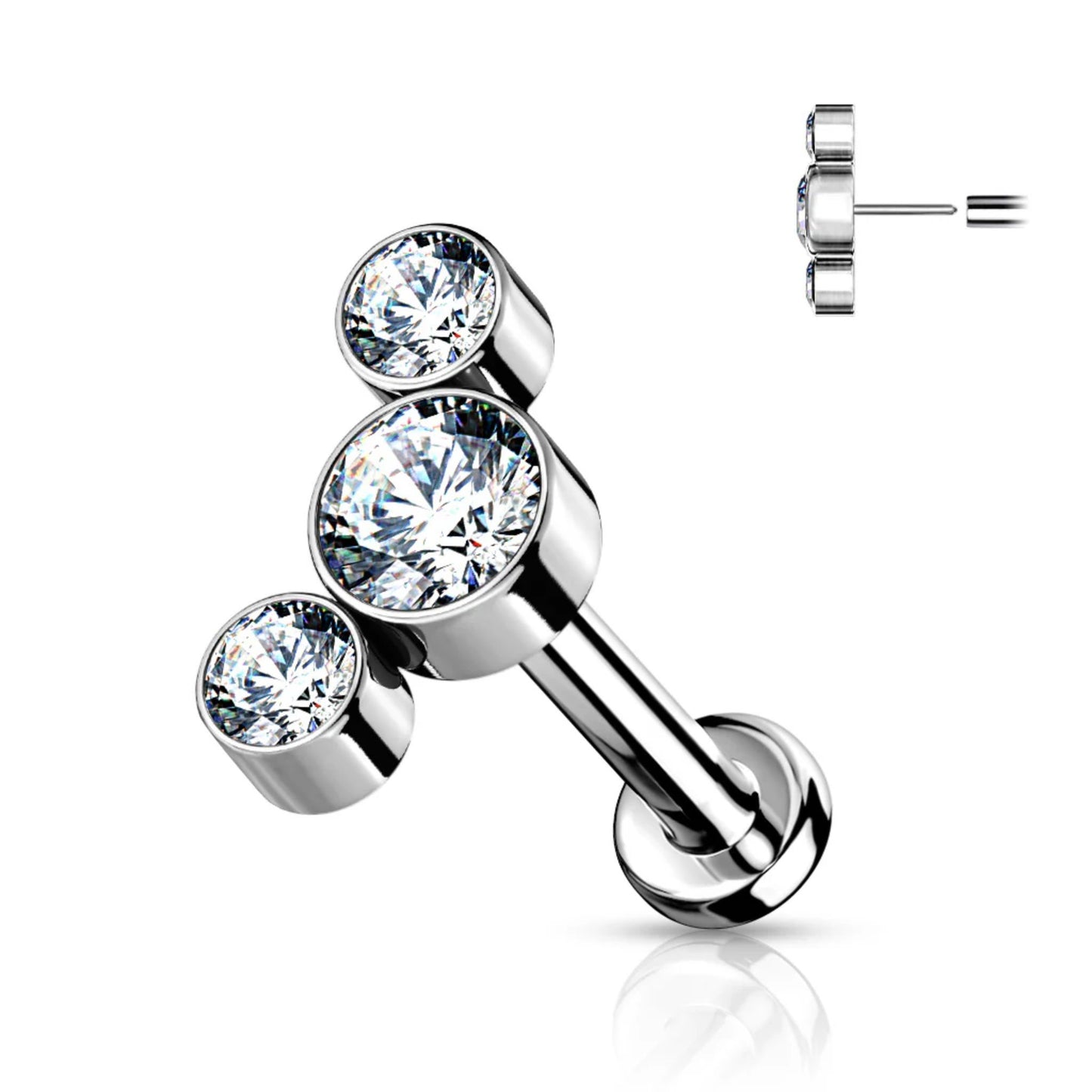 Titanium Silver Triple Clear Gem Threadless Flat Back Stud