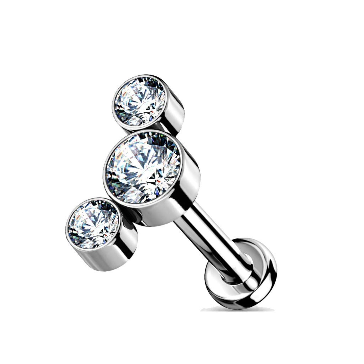 Titanium Silver Triple Clear Gem Threadless Flat Back Stud
