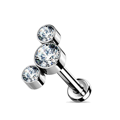 Titanium Silver Triple Clear Gem Threadless Flat Back Stud