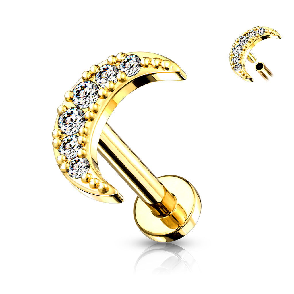Cubic Zirconia Paved Crescent Moon Internally threaded Flat Back Stud Gold