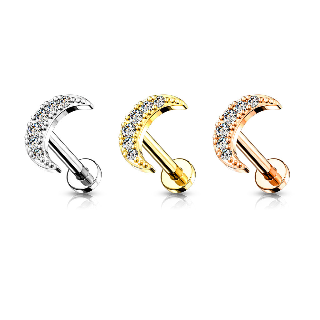 Cubic Zirconia Paved Crescent Moon Internally threaded Flat Back Stud Range