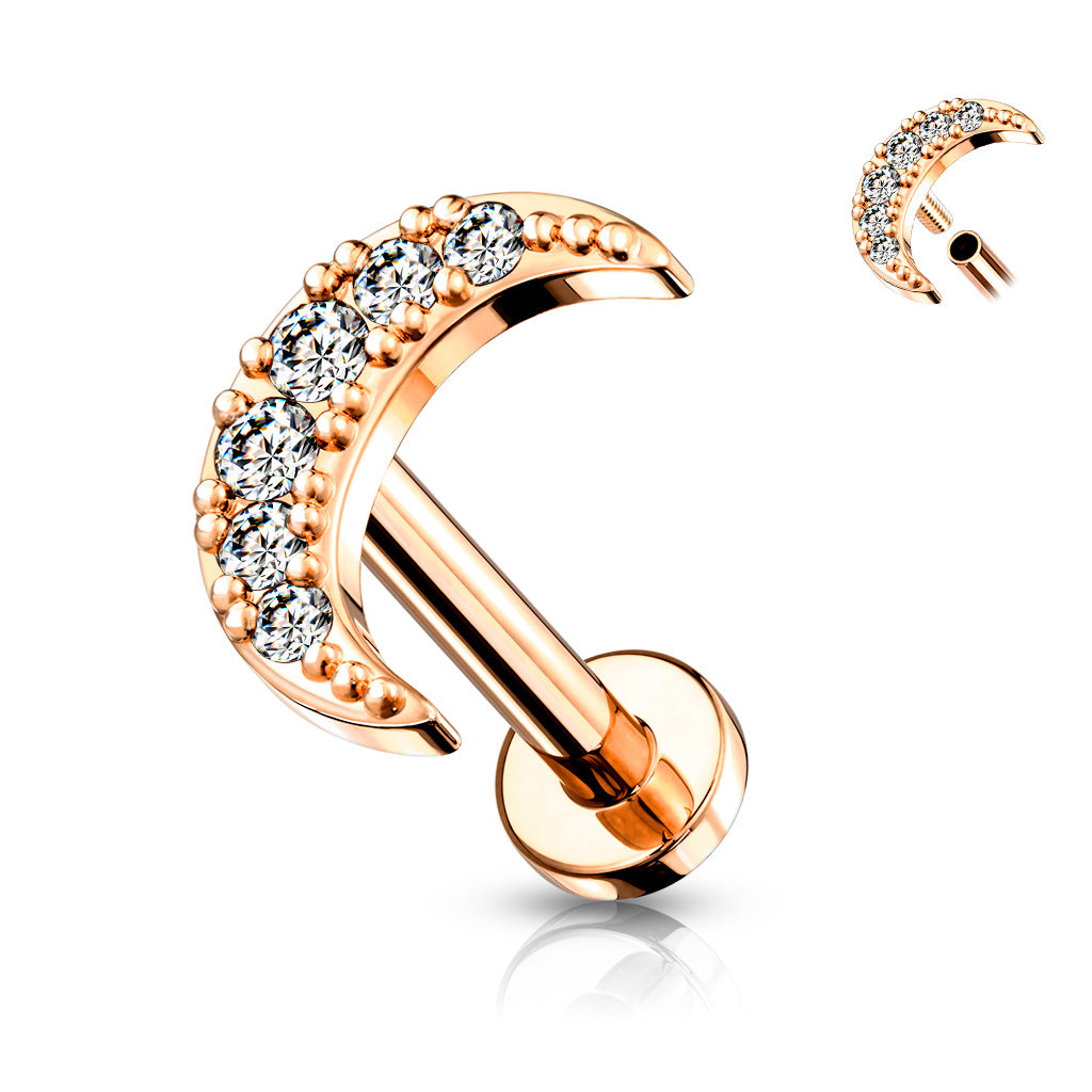 Cubic Zirconia Paved Crescent Moon Internally threaded Flat Back Stud Rose Gold