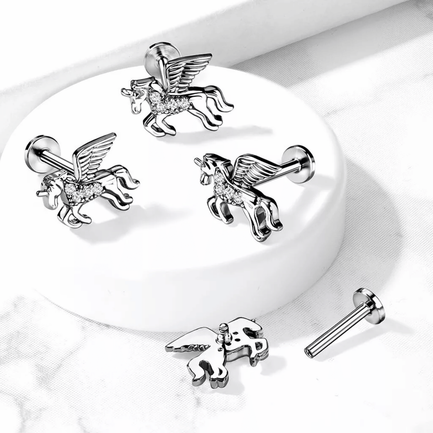 Cubic Zirconia Paved Unicorn Internally threaded Flat Back Earring