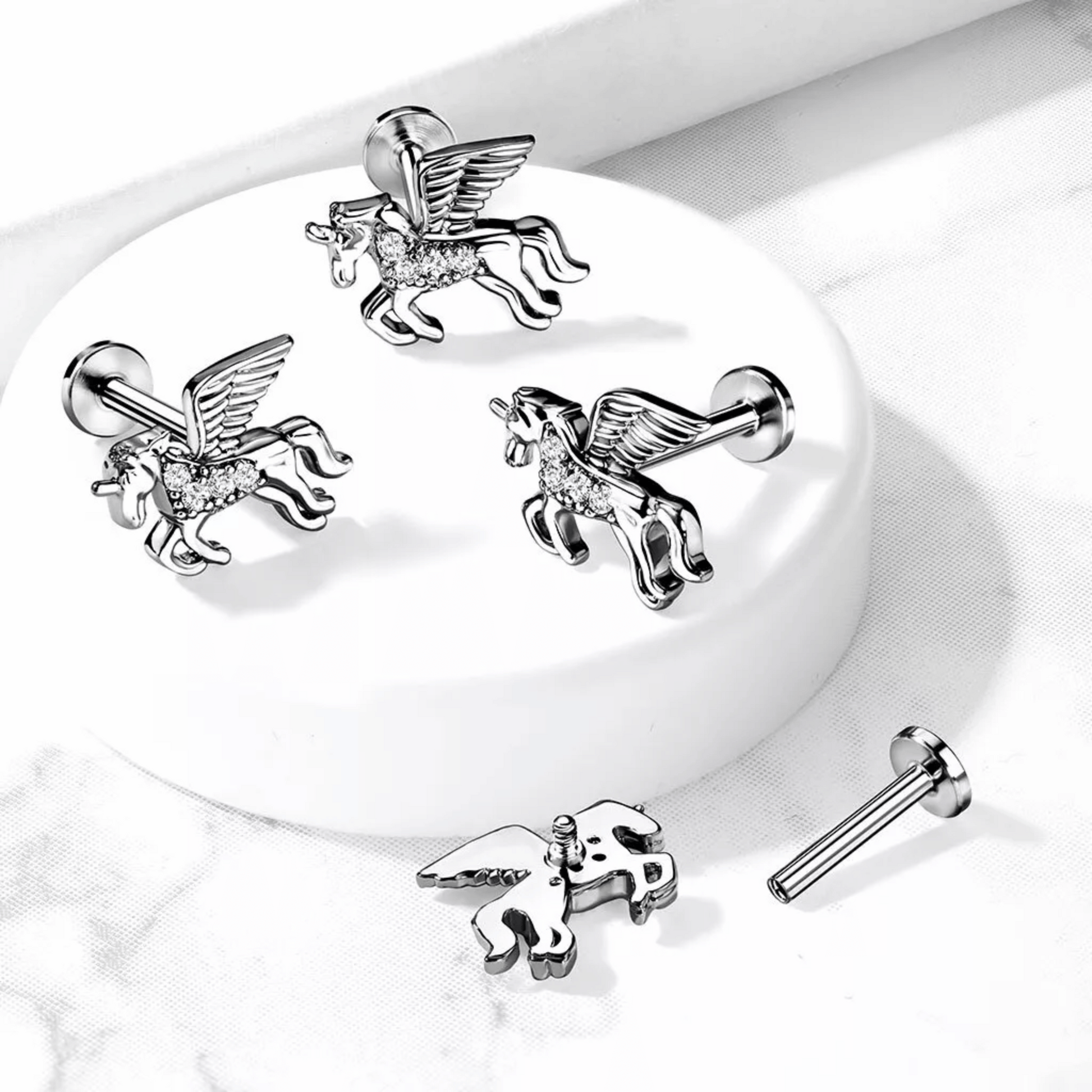 Cubic Zirconia Paved Unicorn Internally threaded Flat Back Earring