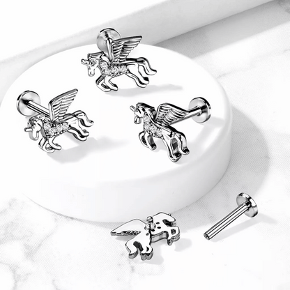 Cubic Zirconia Paved Unicorn Internally threaded Flat Back Earring