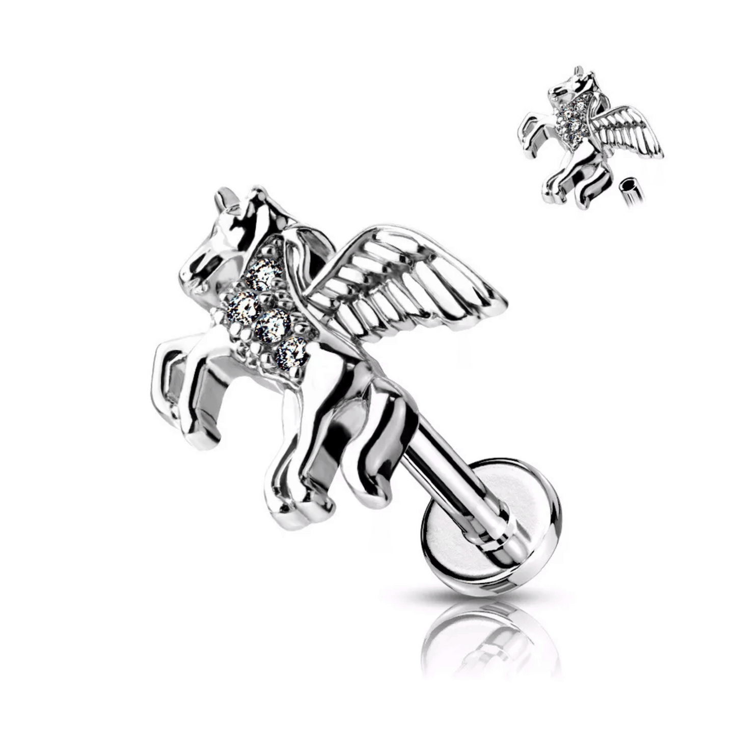 Cubic Zirconia Paved Unicorn Internally threaded Flat Back Earring Single