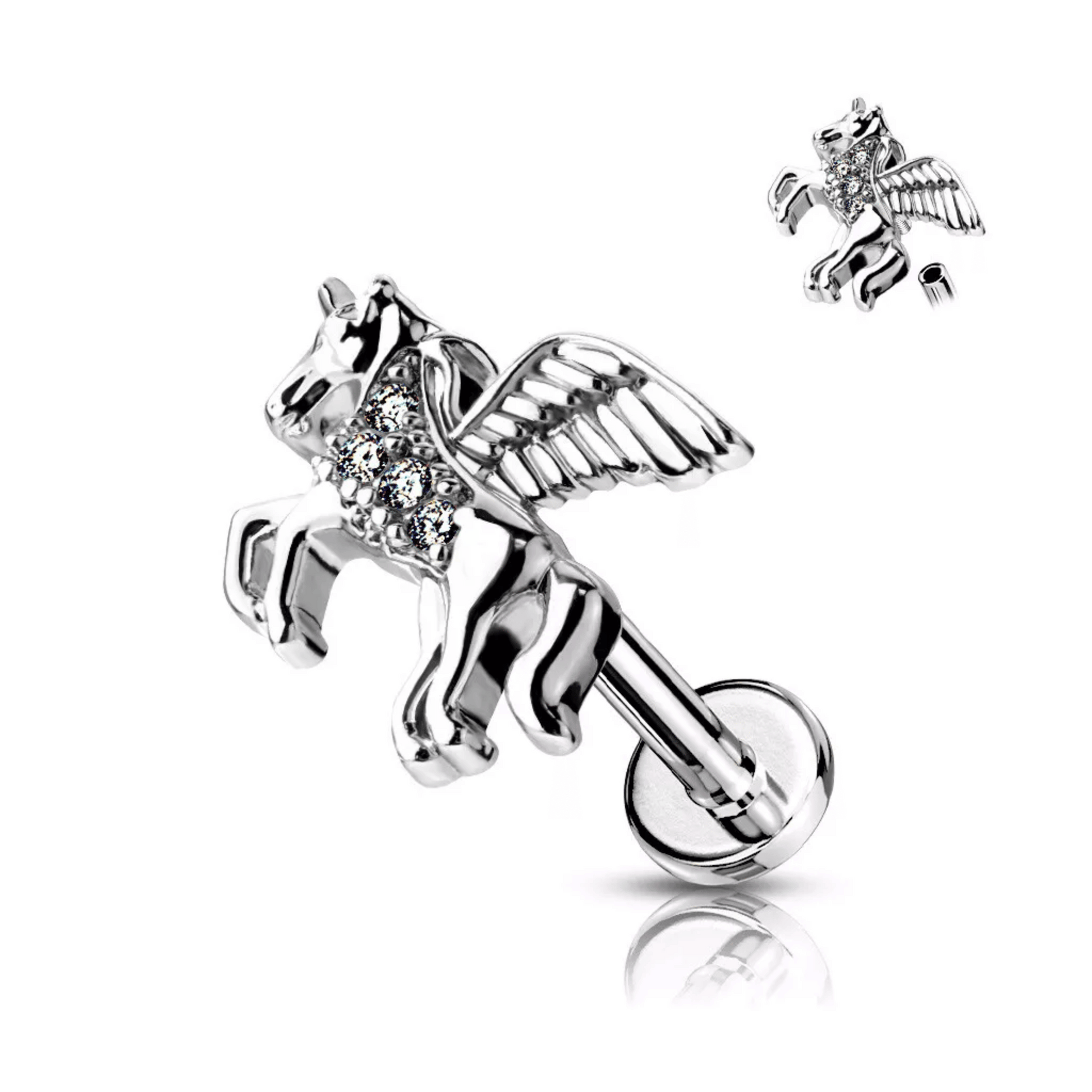 Cubic Zirconia Paved Unicorn Internally threaded Flat Back Earring Single