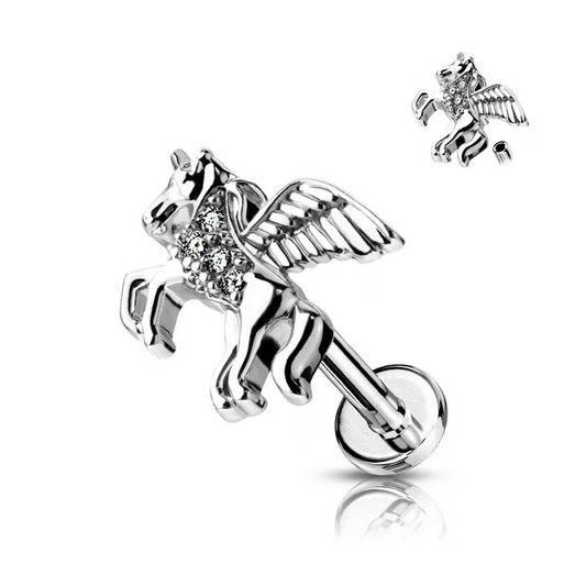 Cubic Zirconia Paved Unicorn Internally threaded Flat Back Earring Single