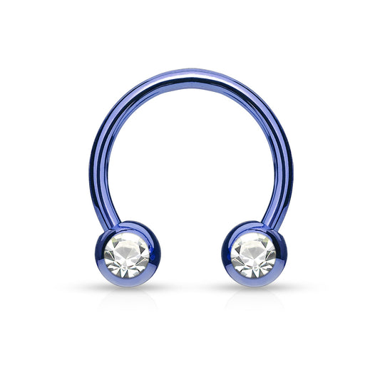 Dark Blue Steel Clear Gem Horseshoe Barbell 16g