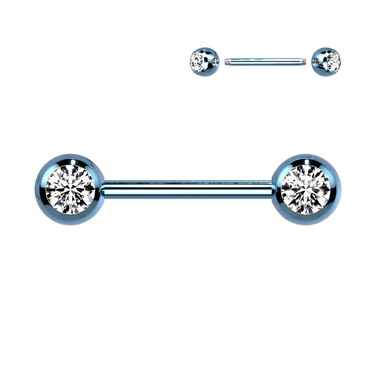Dark Blue Steel Titanium IP Clear Gem Nipple Bar 14g