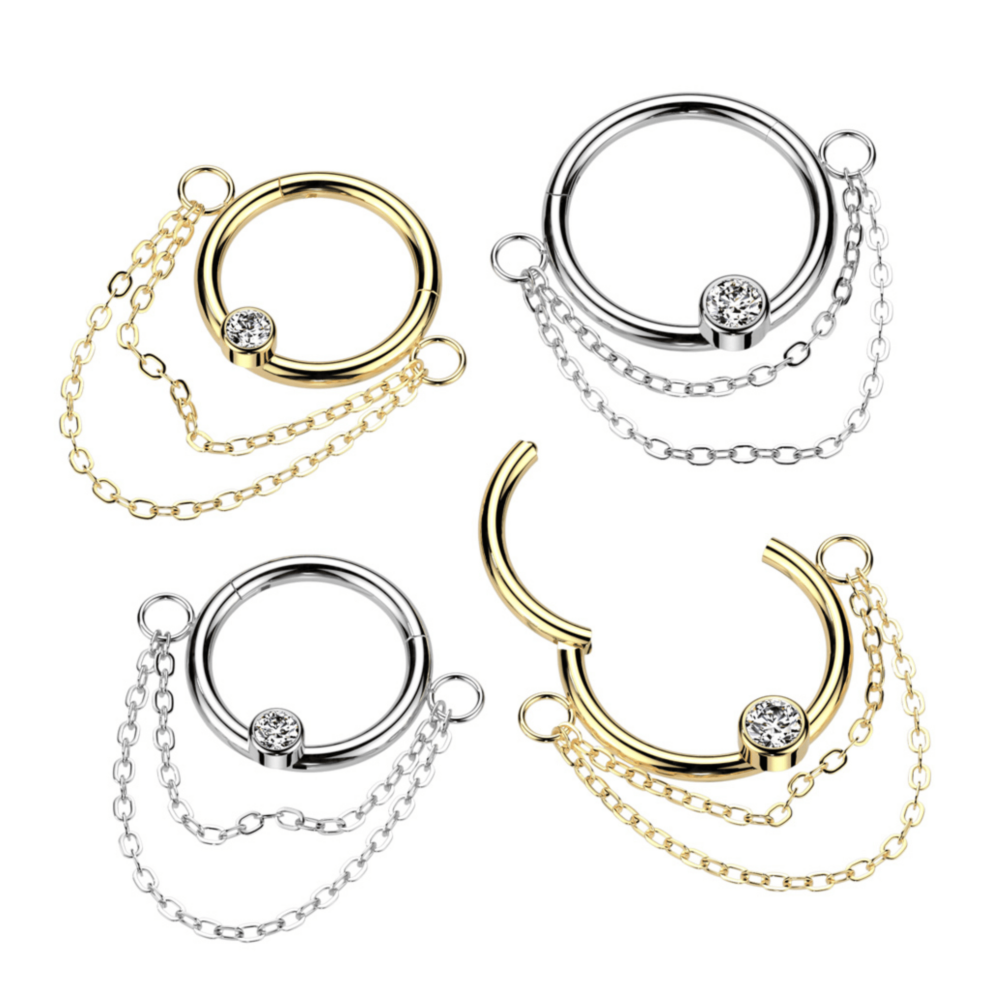 Double Chain Gem Hinged Clicker Ring 16g