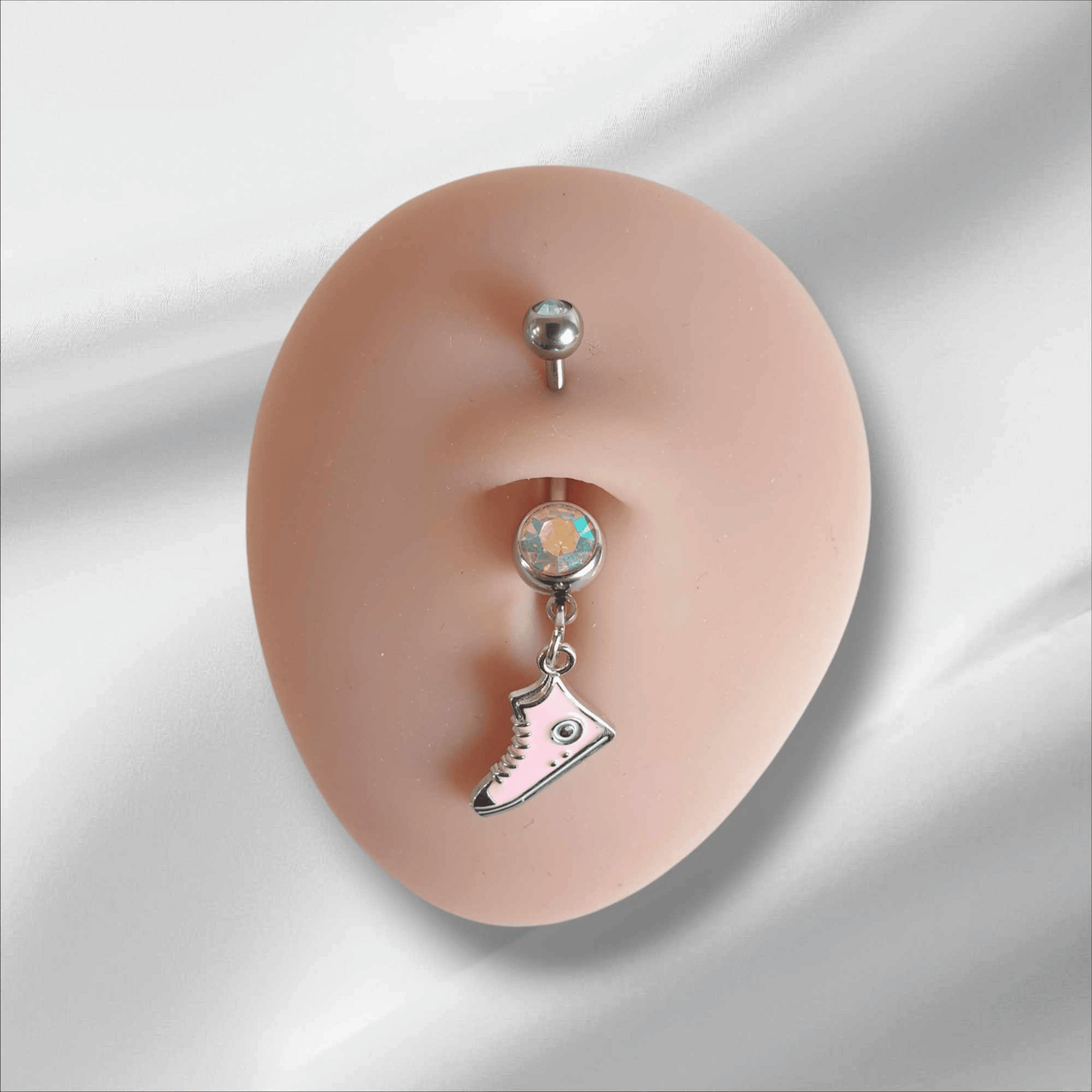 Double Gem Belly Navel Piercing Bar with Pink Sneaker Dangle