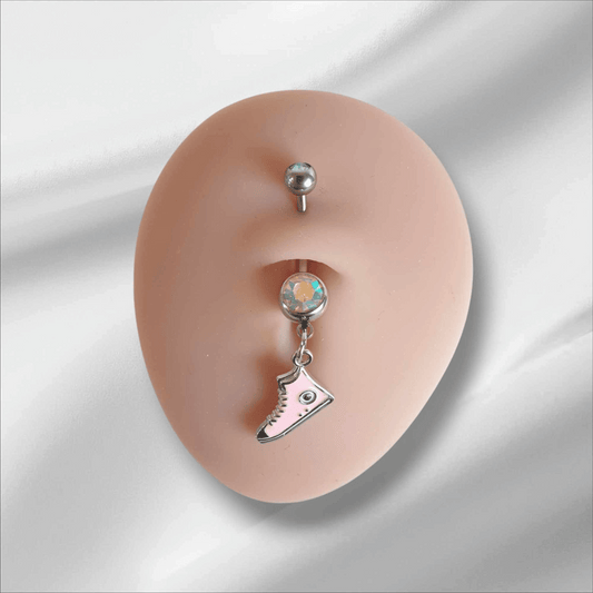 Double Gem Belly Navel Piercing Bar with Pink Sneaker Dangle