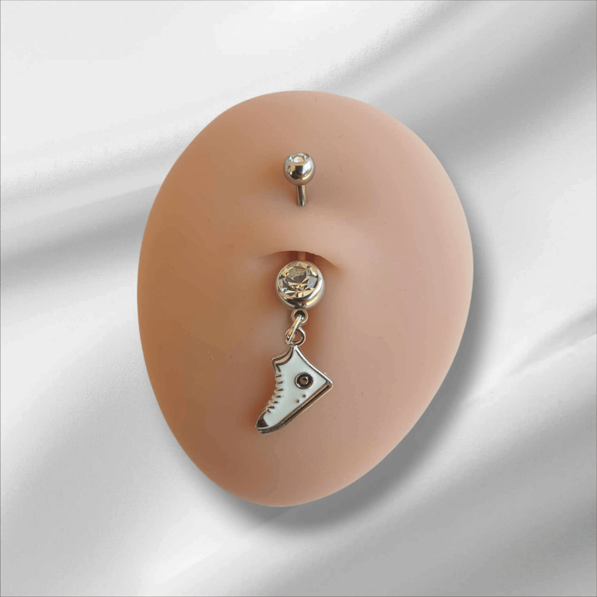 Double Gem Bellybar with white converse style sneaker dangle