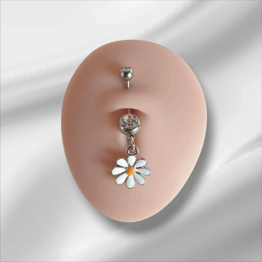 Double Gem Steel Belly Navel Bar with Enamel Daisy Dangle