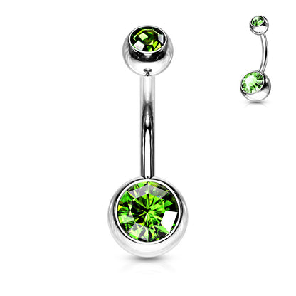 Double Peridot Green Gem Belly Button Bar