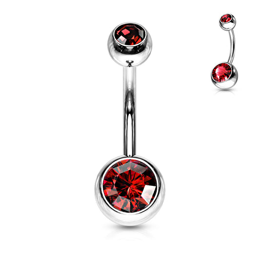 Double Red Gem Steel Belly Button Bar