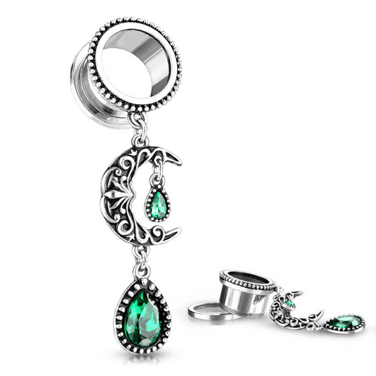 Emerald Green Stone Moon Dangle Tunnel