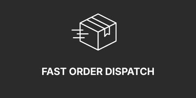 A dark gray square graphic with a white line icon of a package and the text 'FAST ORDER DISPATCH' below it.