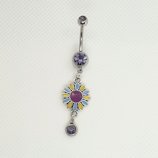 Flower Gem Dangle Belly Button Bar 14g