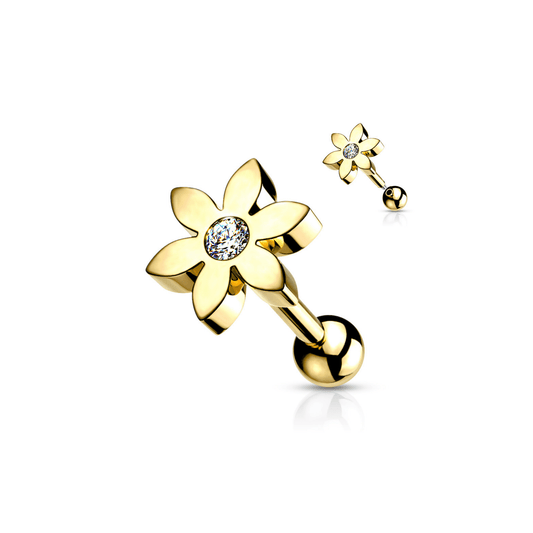 Flower Solitaire Gem Tragus Cartilage Bar Gold