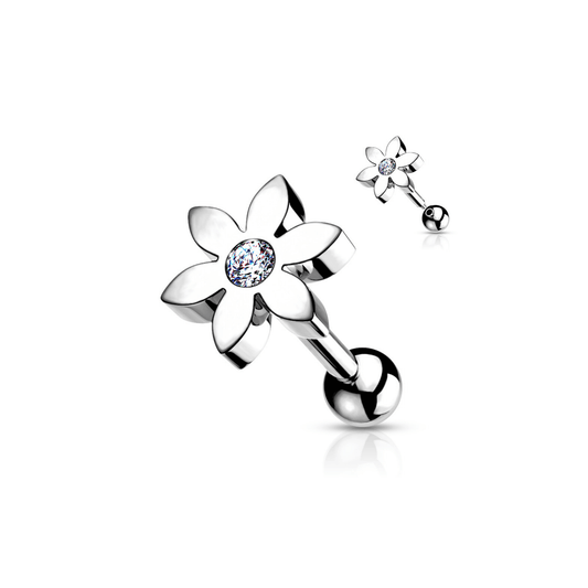 Flower Solitaire Gem Tragus Cartilage Bar Silver