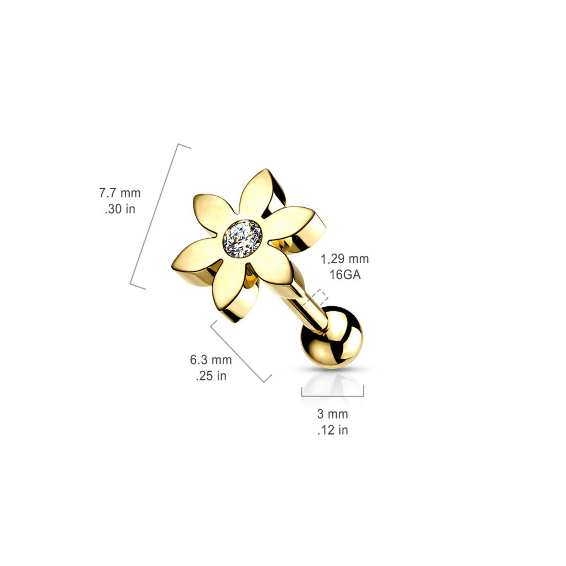 Flower Solitaire Gem Tragus Cartilage Bar dimensions