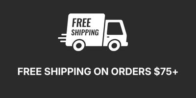 A dark gray promotional graphic with a white delivery truck icon and the text 'FREE SHIPPING' above, and 'FREE SHIPPING ON ORDERS $75+' below.