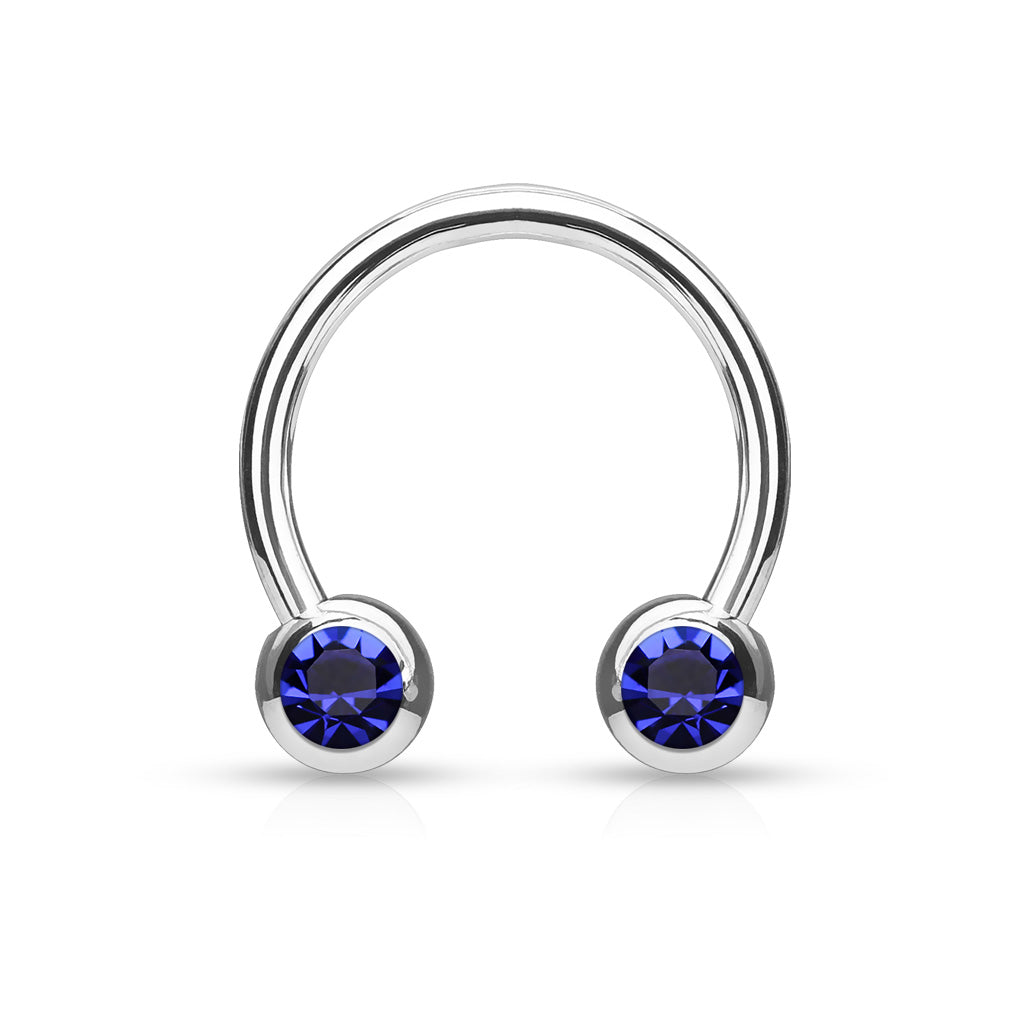 Front Facing Gems Curved Circular Horseshoe Barbell Dark Blue Gem
