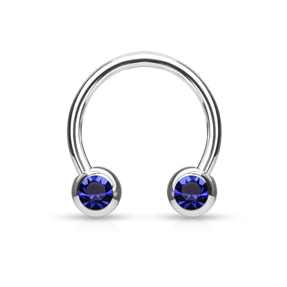 Front Facing Gems Curved Circular Horseshoe Barbell Dark Blue Gem