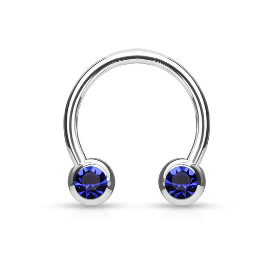 Front Facing Gems Curved Circular Horseshoe Barbell Dark Blue Gem