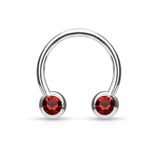 Front Facing Gems Curved Circular Horseshoe Barbell Red Gem