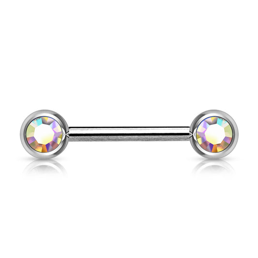 Front facing double gem nipple bar Aurora Borealis