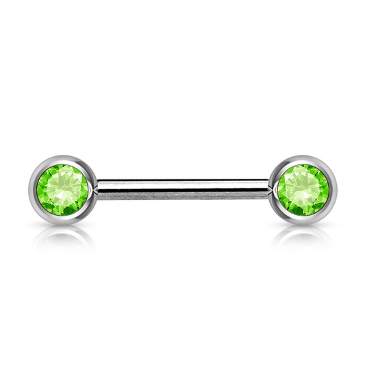 Front facing double gem nipple bar Peridot Green