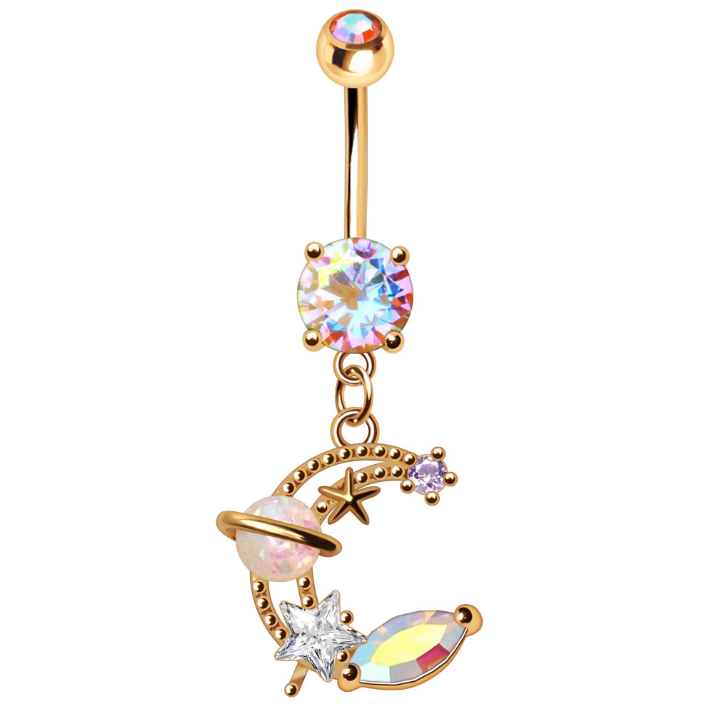 Galaxy Moon and Star Celestial Dangle Navel Bar