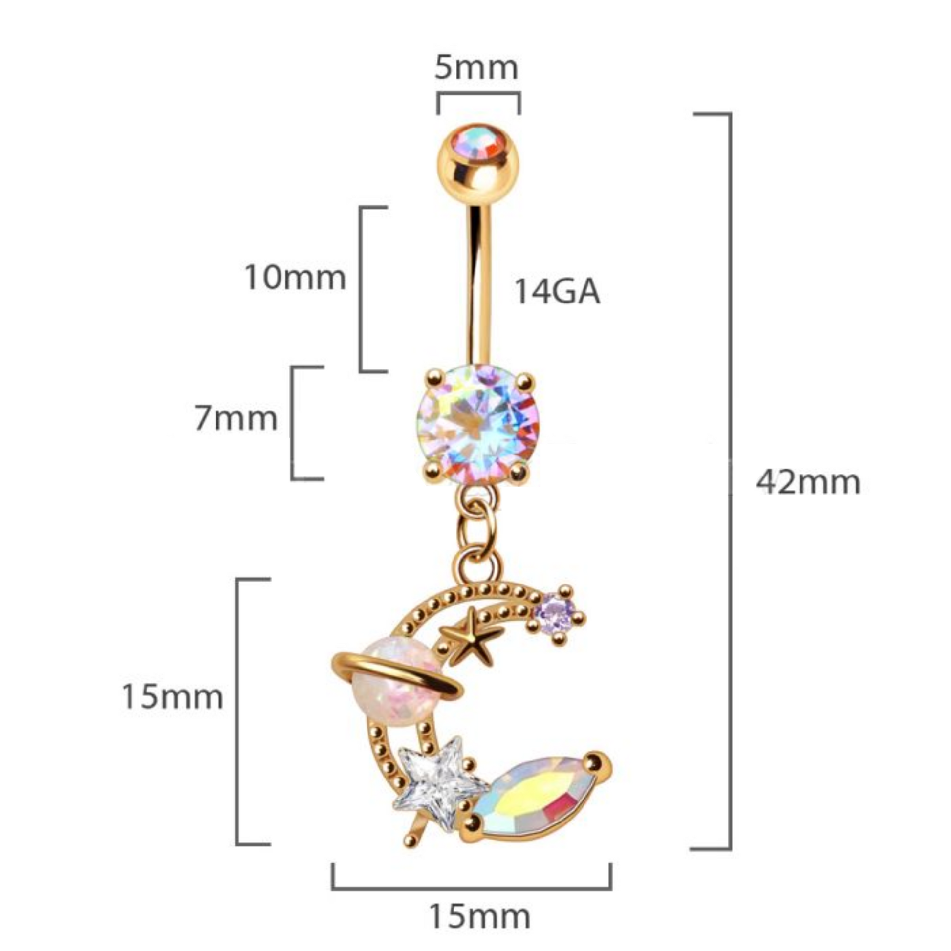 Galaxy Moon and Star Celestial Dangle Navel Bar Dimensions