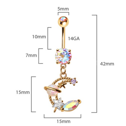 Galaxy Moon and Star Celestial Dangle Navel Bar Dimensions