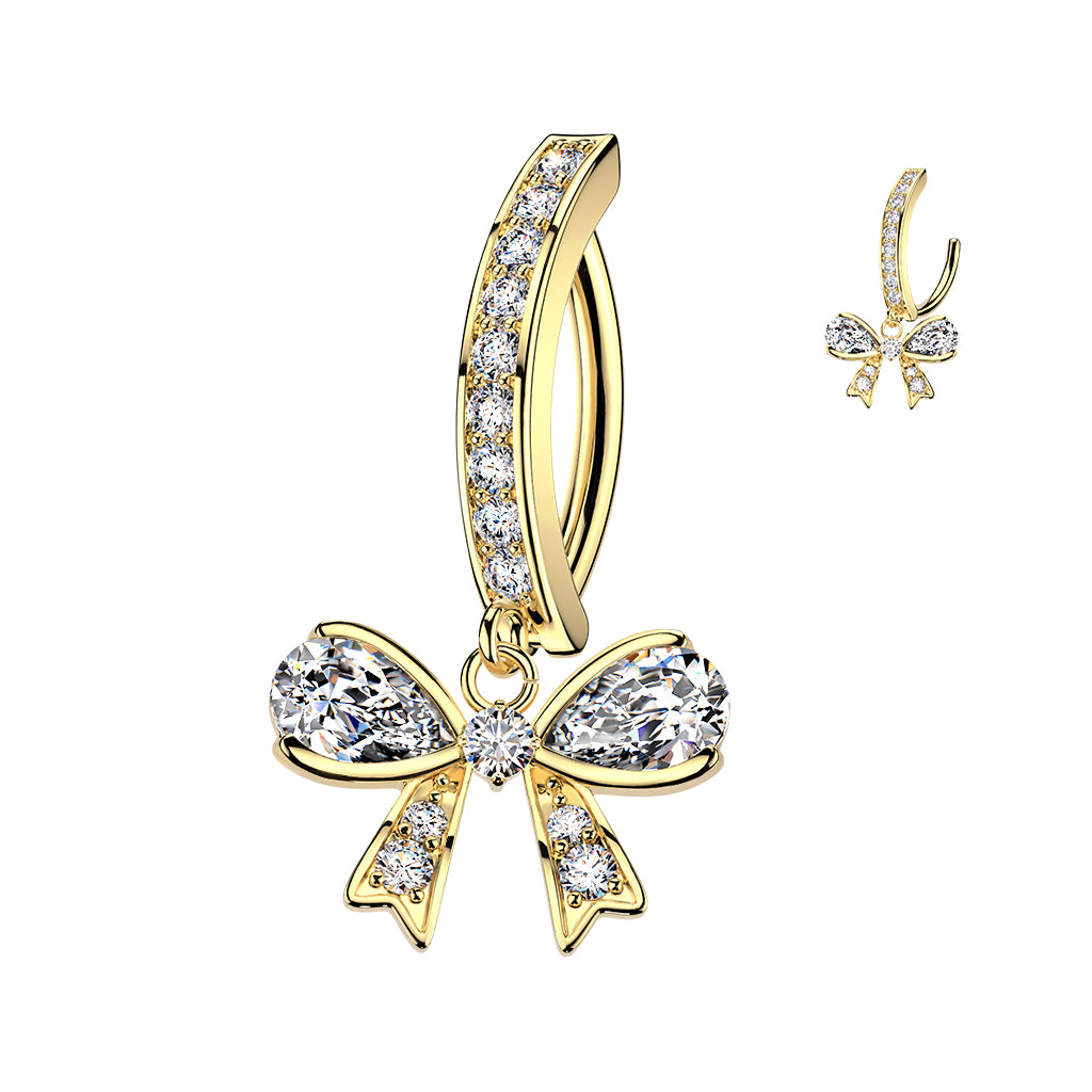 Gem Bow Dangle Hinged Clicker Gold Belly Button Bar