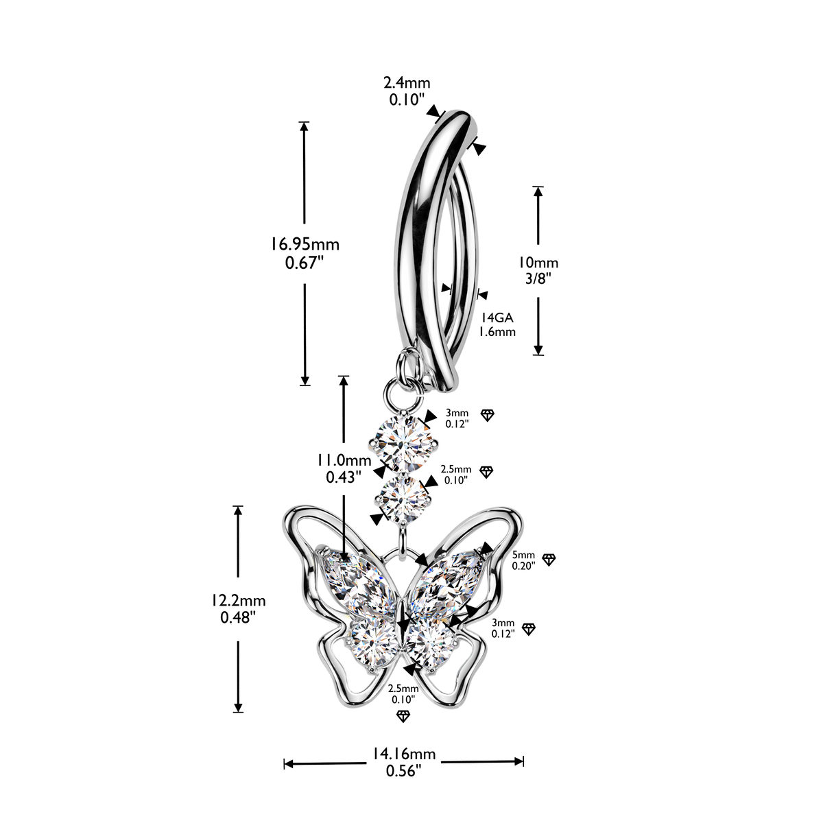 Hinged Clicker Belly Button Bar dimensions