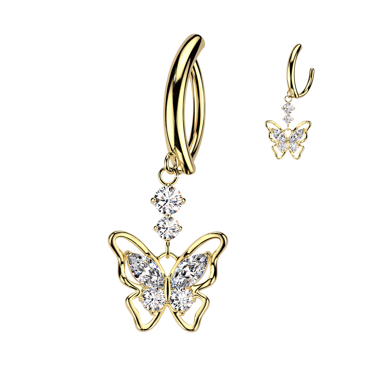 Gem Butterfly Dangle Hinged Clicker Gold Belly Button Bar