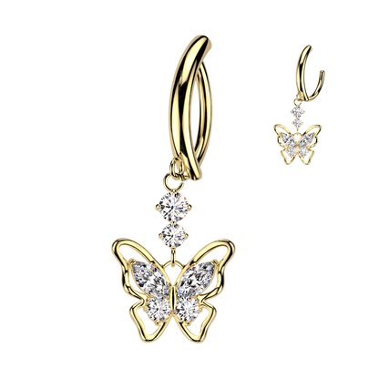Gem Butterfly Dangle Hinged Clicker Gold Belly Button Bar