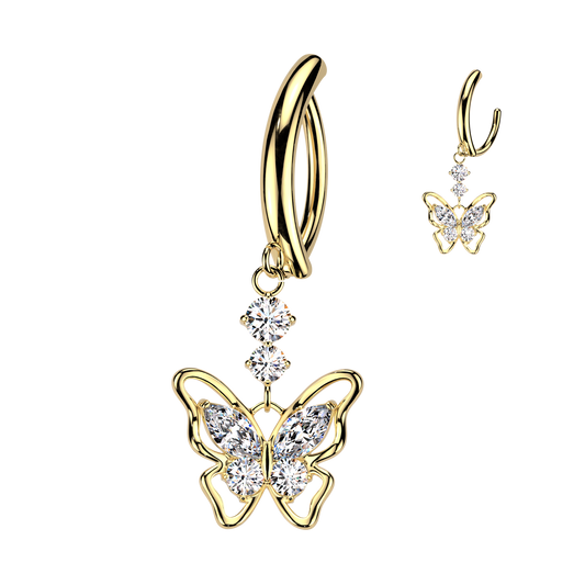 Gem Butterfly Dangle Hinged Clicker Gold Belly Button Bar