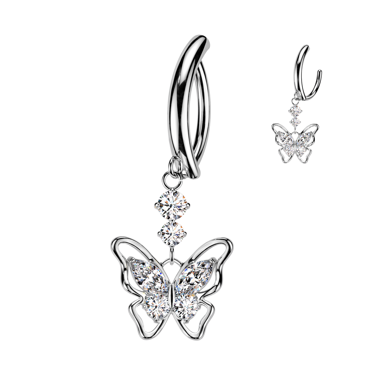 Gem Butterfly Dangle Hinged Clicker Silver Belly Button Bar