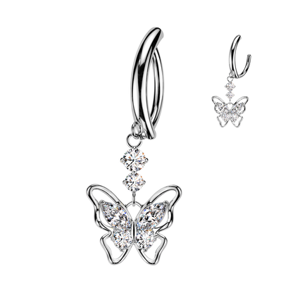 Gem Butterfly Dangle Hinged Clicker Silver Belly Button Bar